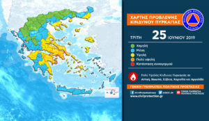 Δελτίο καιρού – χάρτης πρόβλεψης κινδύνου πυρκαγιάς (κατ.4) για 25-6-2019
